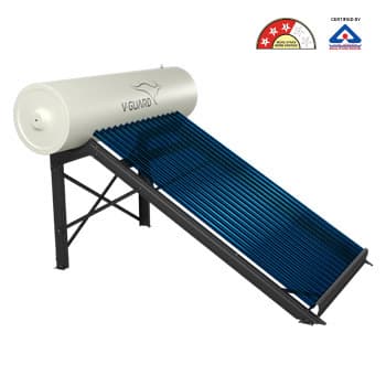 Roof-mounted V-Guard solar water heater collector tubes and cylindrical tank.