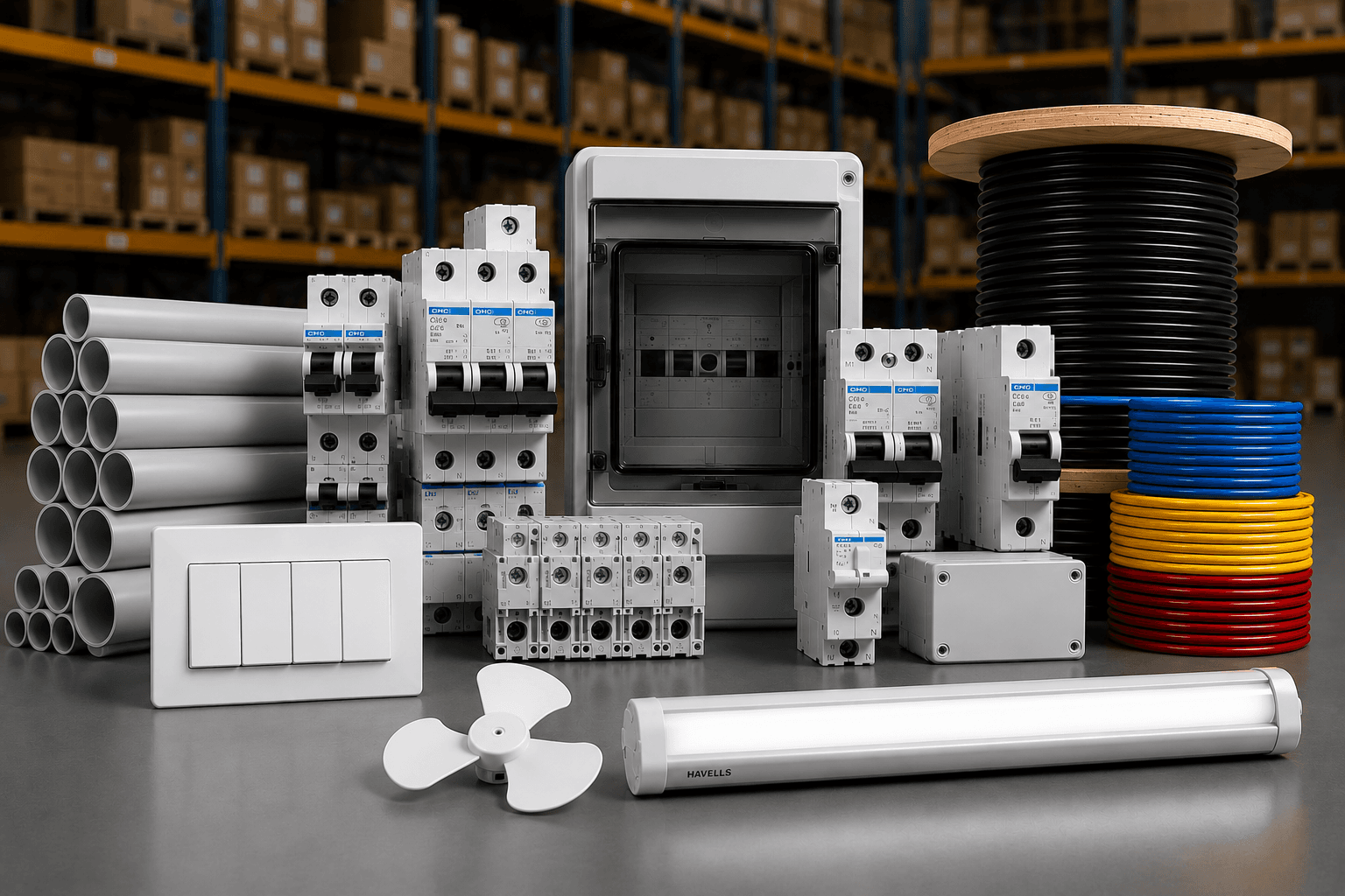 Premium electrical products distribution showcasing switches, wires, and lighting solutions